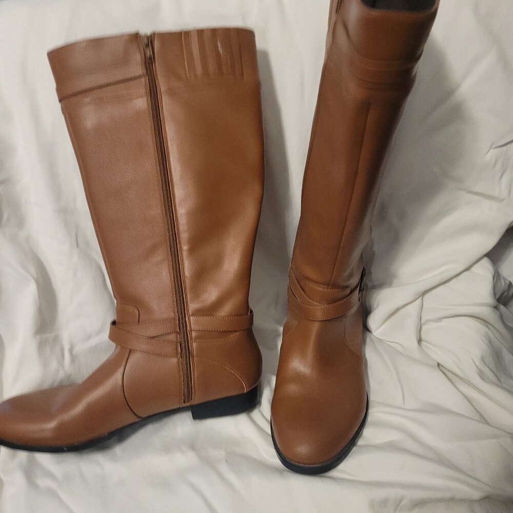 Leather boots, size 11, wide calf in cognac